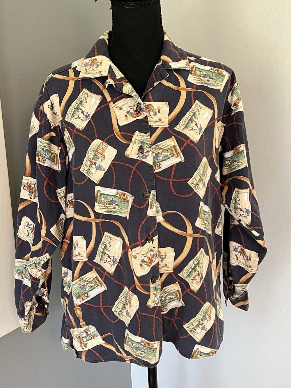 Vintage Ruff Hewn Cowboy Shirt Equestrian Western Bridle Rope Medium READ